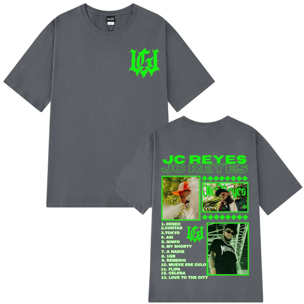 Gray cotton short-sleeved graphic t shirt with neon green rapper jc reyes tour design for hip hop harajuku style