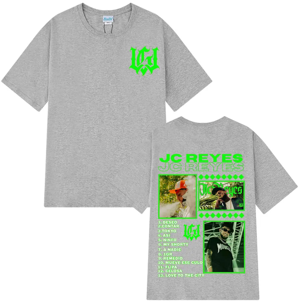 Gray heathered cotton rapper jc reyes graphic t shirt with neon green album print for hip hop harajuku style