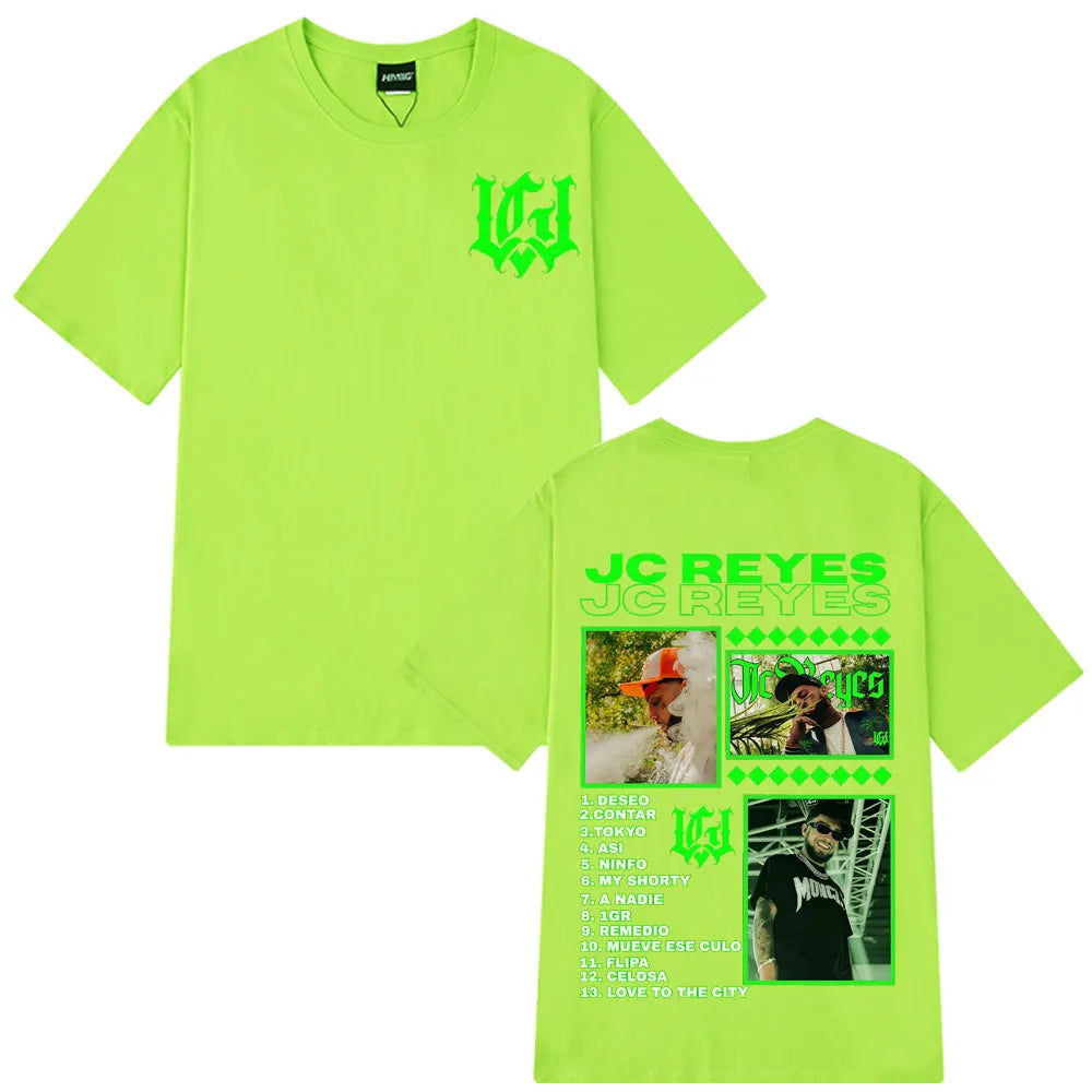 Neon green cotton hip hop harajuku graphic t shirt featuring rapper jc reyes album photos and song titles design