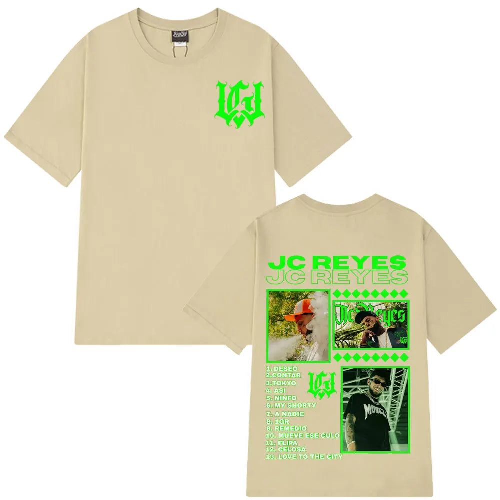 Beige cotton short-sleeved graphic t shirt featuring rapper jc reyes tour 2025 tracklist with hip hop harajuku style