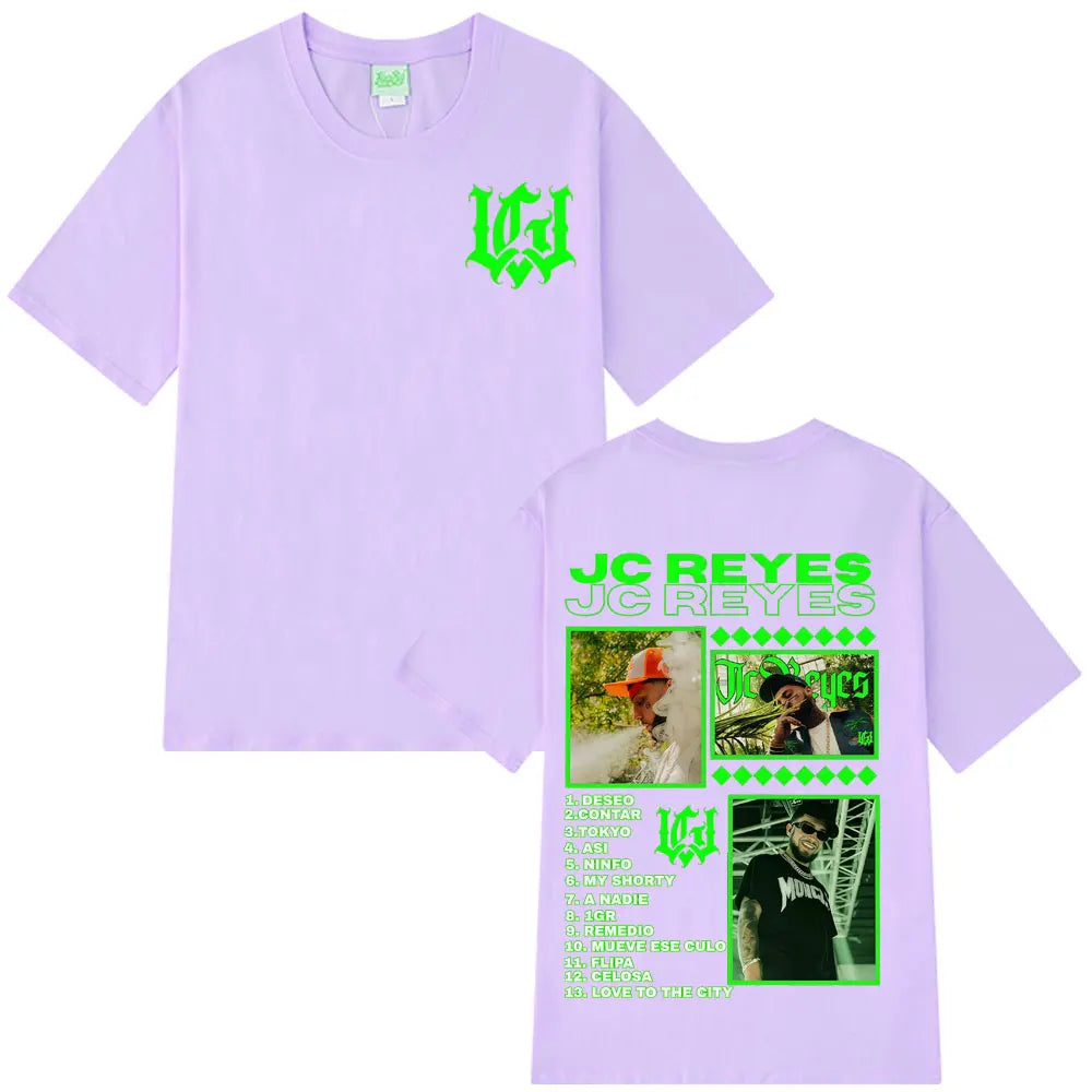 Lavender cotton short-sleeved graphic t shirt with neon green jc reyes print for hip hop harajuku fashion