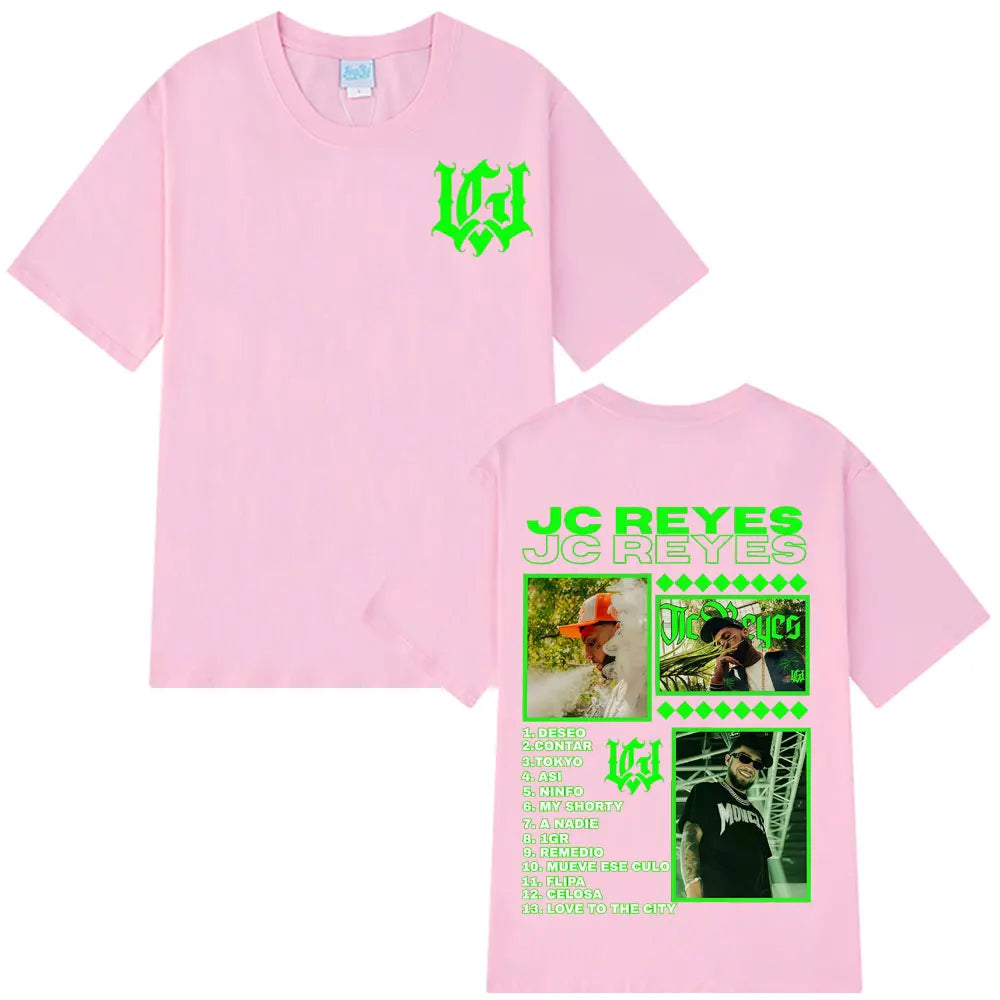 Pink cotton short-sleeved graphic t shirt featuring rapper jc reyes album tracklist in hip hop harajuku style