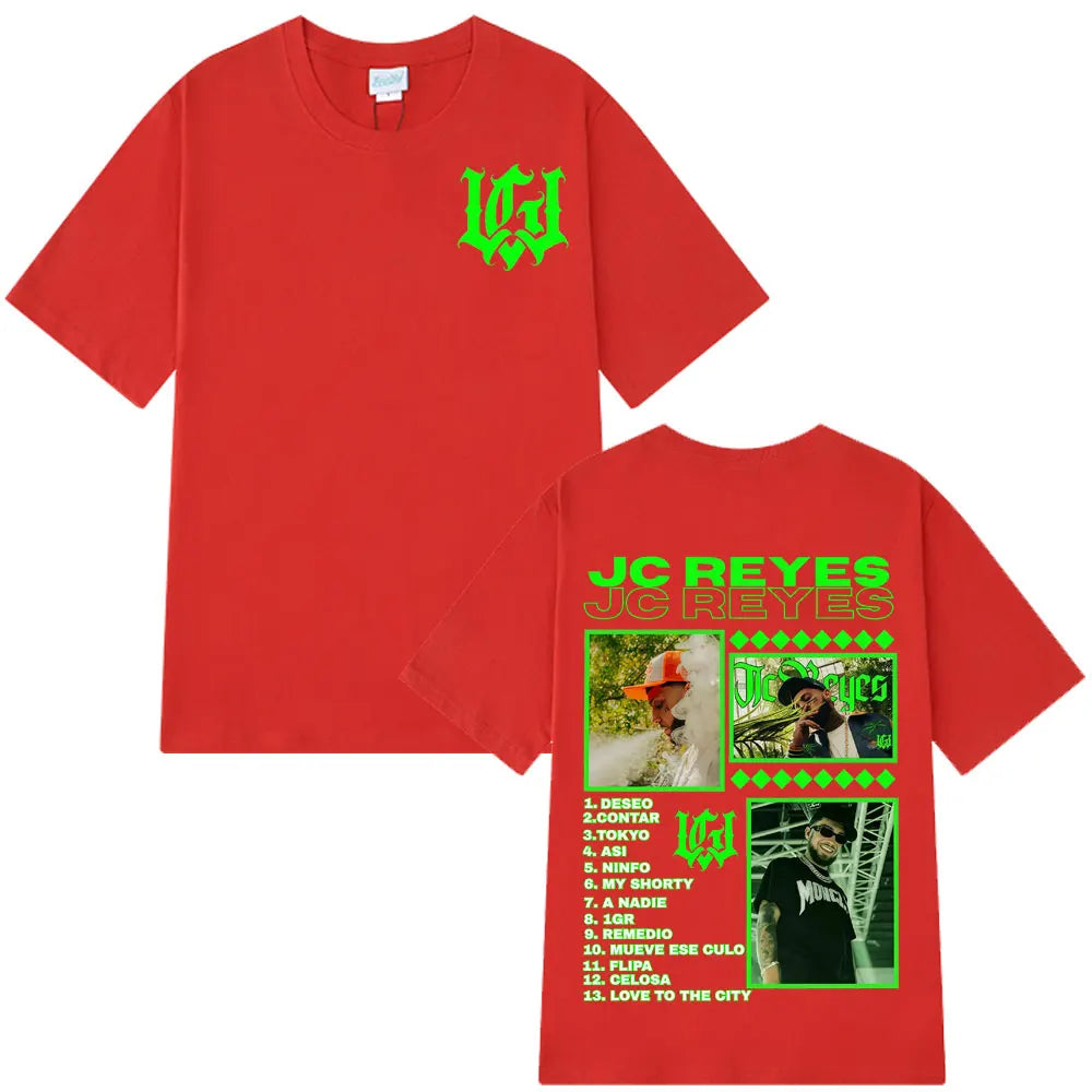 Red cotton oversized short-sleeved t-shirt featuring neon green rapper jc reyes tour graphic on the back for hip hop harajuku style