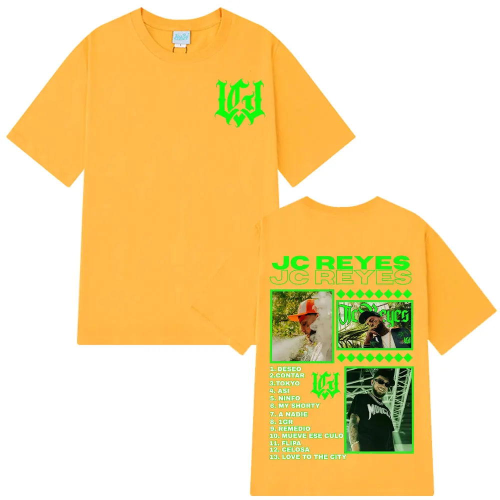 Bright orange cotton rapper jc reyes graphic t shirt with neon green design and tour photos on the back for hip hop harajuku style