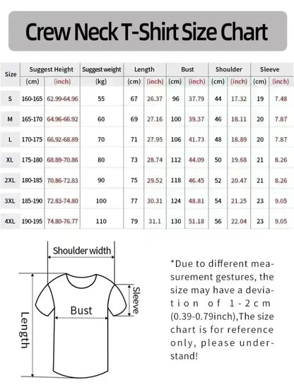 Crew neck t-shirt size chart with measurements in cm and inches for rapper jc reyes cotton casual oversized hip hop t-shirts sizes s to 4xl