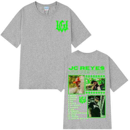 Gray heathered cotton t-shirt with neon green jc reyes graphic print and album tracklist for casual hip hop style