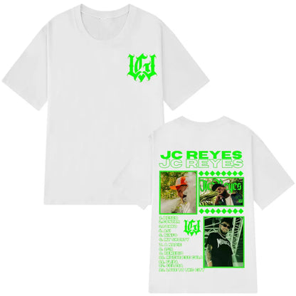 White cotton oversized t-shirt with green graphic print featuring jc reyes name album tracklist and photos on back