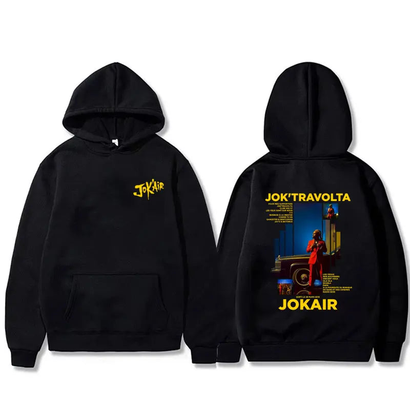 Black hoodie men women hip hop featuring vibrant yellow jokair logo and jok travolta graphic print casual cotton vintage