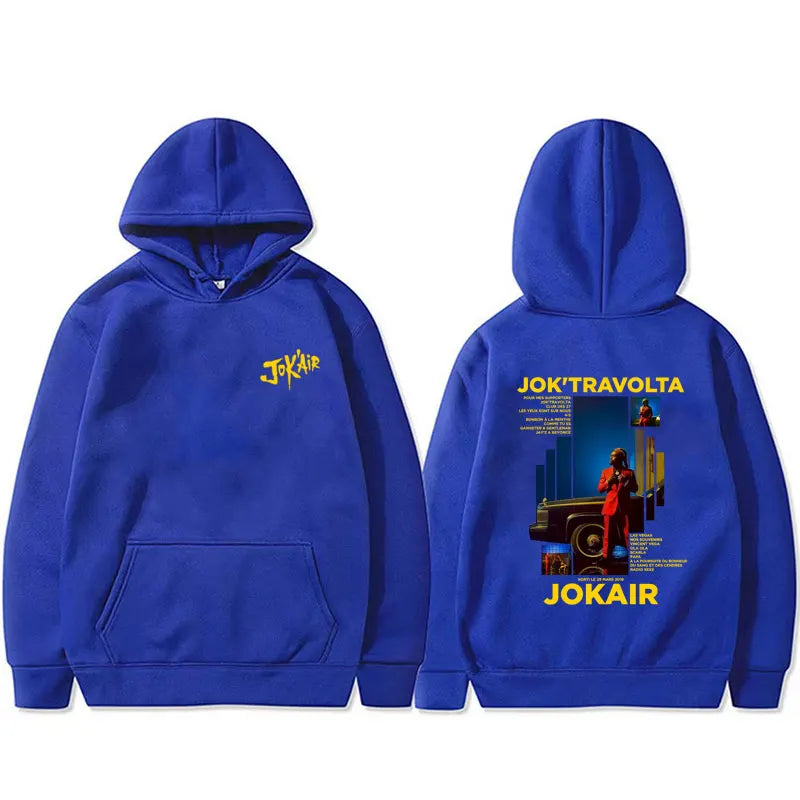 Royal blue jokair graphic hoodie men with bold yellow text and illustrated back print casual cotton vintage style