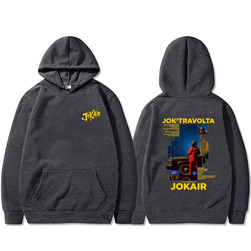 Dark gray graphic hoodie men featuring bold yellow jokair branding on back casual cotton vintage hip hop style