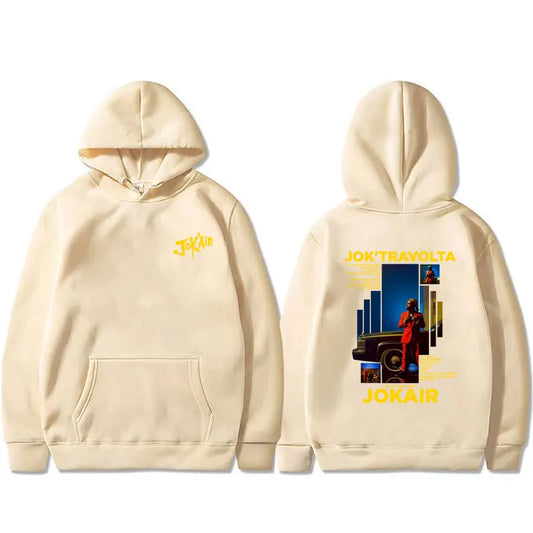 Cream-colored casual cotton vintage graphic hoodie men and women hip hop with bold yellow print on the back and chest logo