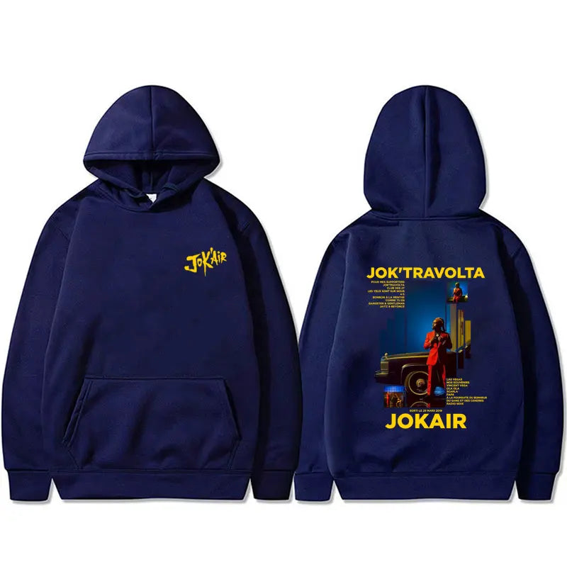 Back view of navy blue casual cotton vintage graphic hoodie men and women hip hop with yellow Jokair logo and red figure print
