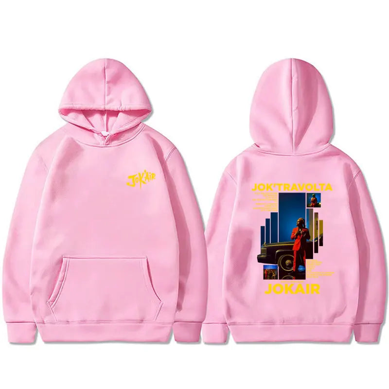 Pink graphic hoodie men with jok travolta print on back yellow jokair text casual cotton vintage hip hop style