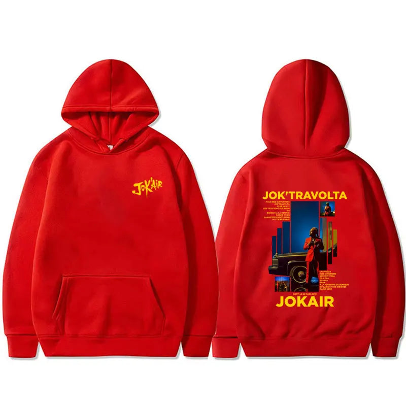 Red jokair graphic hoodie men with bold back print small chest logo casual cotton vintage hip hop pullover