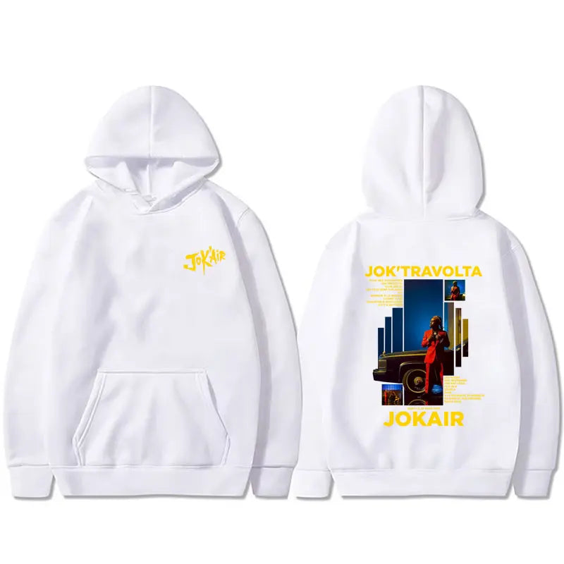 White hoodie with joktravolta graphic print on the back and jokair yellow branding casual cotton vintage hip hop hoodie men women