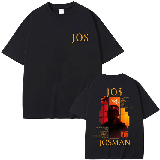 Black cotton rapper josman j.o.$ album t-shirt with bold gold logo front and graphic design back in orange red tones