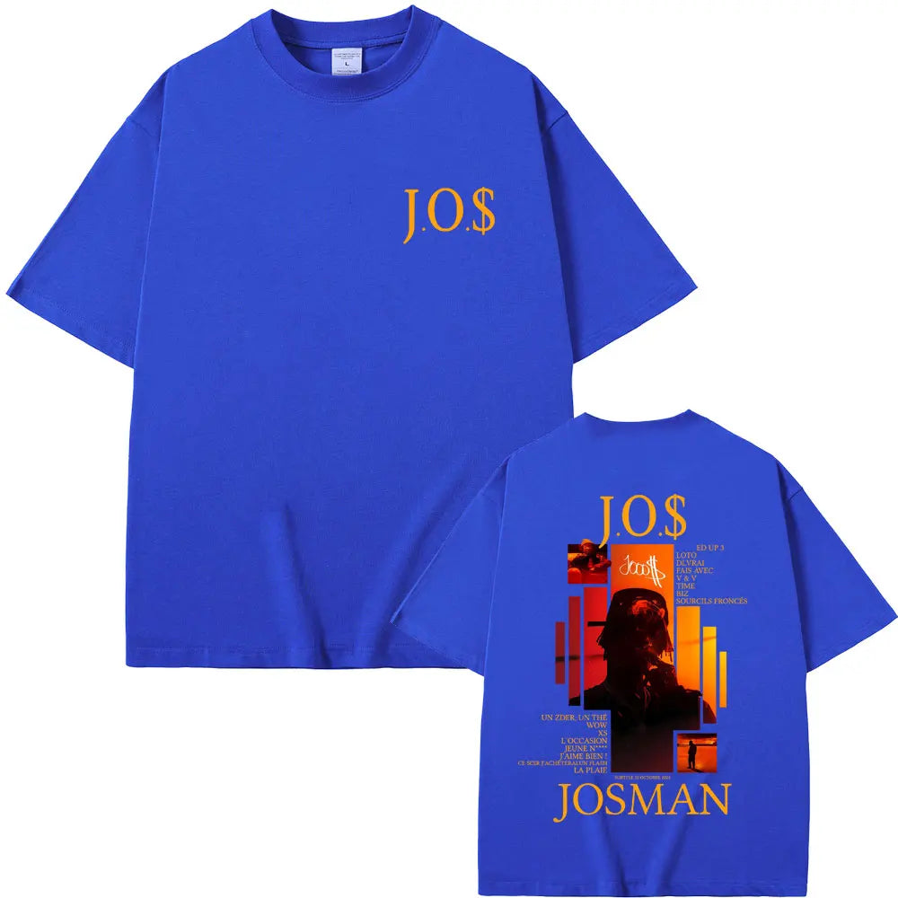 Royal blue oversized cotton t-shirt with bold gold josman j.o.$ album graphic for women hip hop casual vintage wear