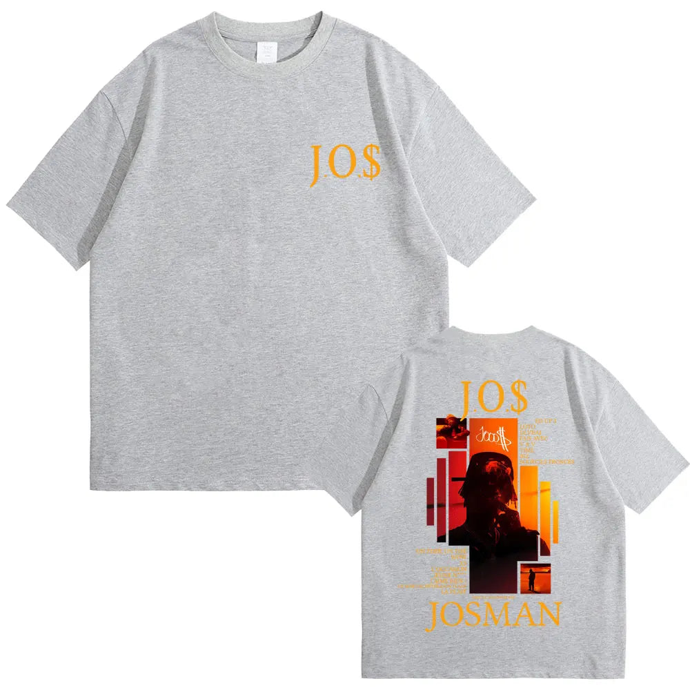 Gray cotton short-sleeved rapper Josman J.O.$ album graphic t-shirt with bold orange print and artistic silhouette design