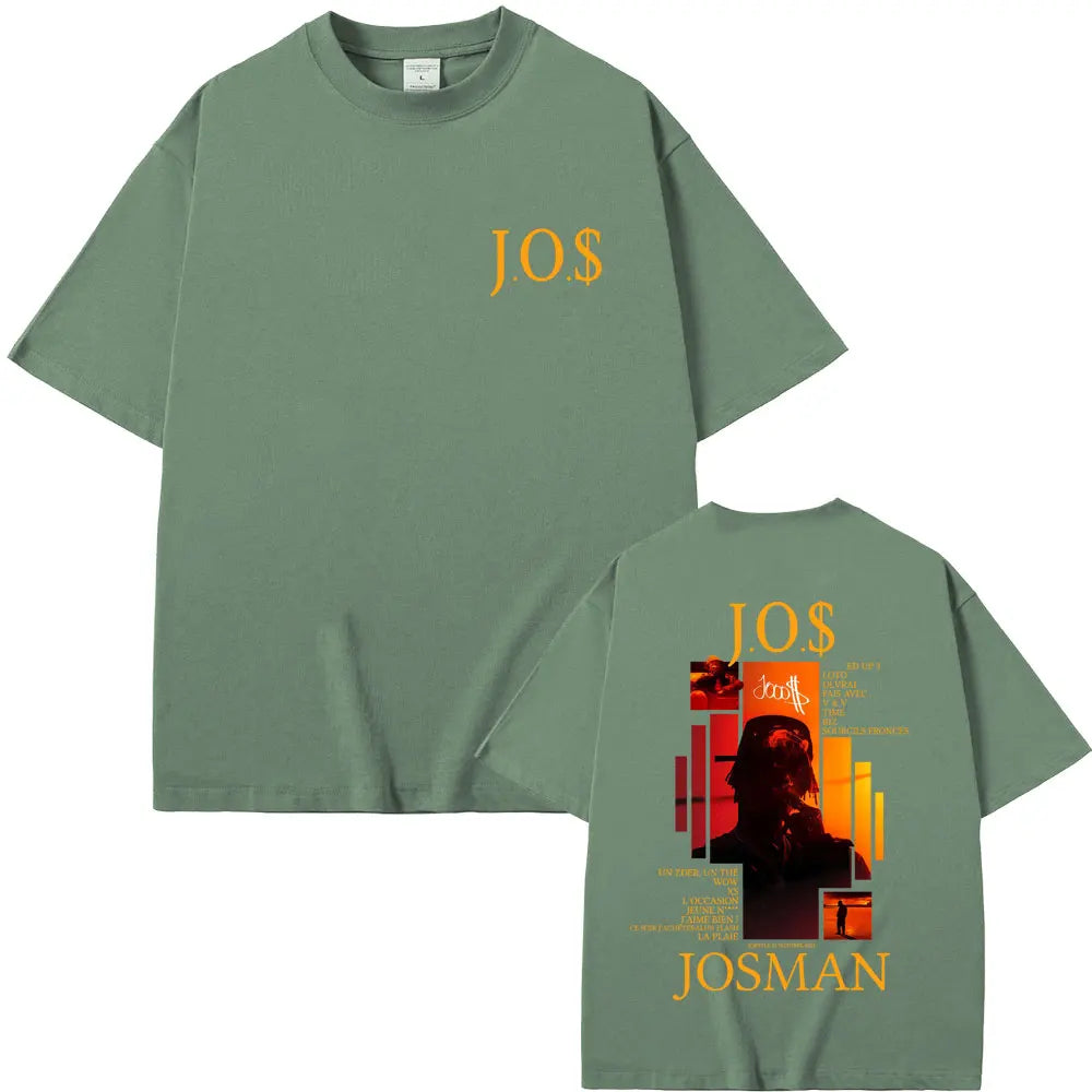 Olive green oversized cotton t shirt with bold yellow jos logo front and vibrant orange red graphic back print