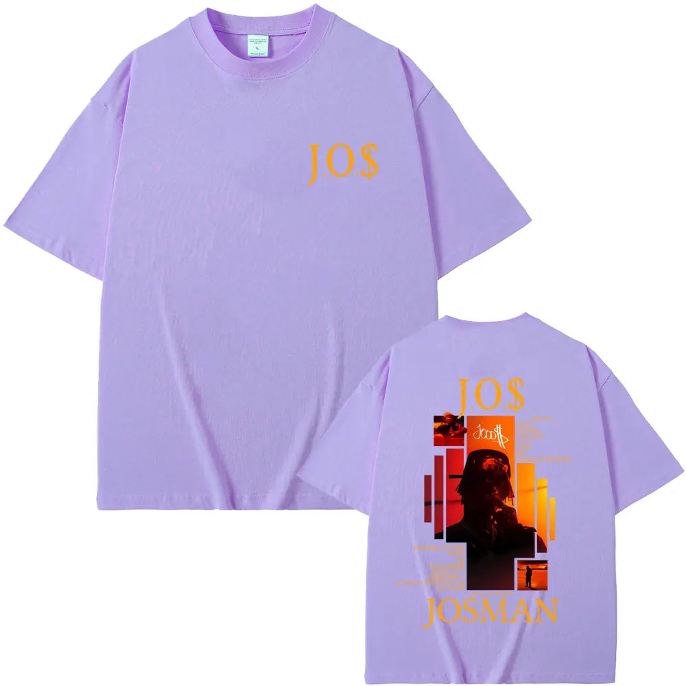 Lavender short-sleeved rapper Josman album graphic t-shirt with jos print front and josman graphic back casual cotton vintage