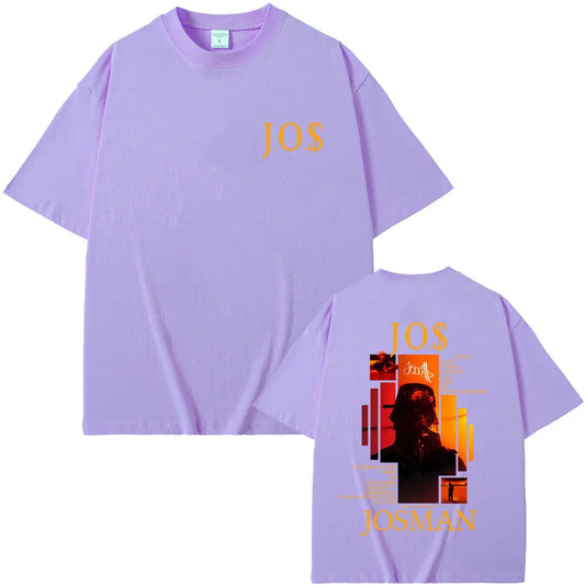 Lavender short-sleeved cotton t-shirt with jos in orange front print and josman graphic design on back for casual hip hop wear