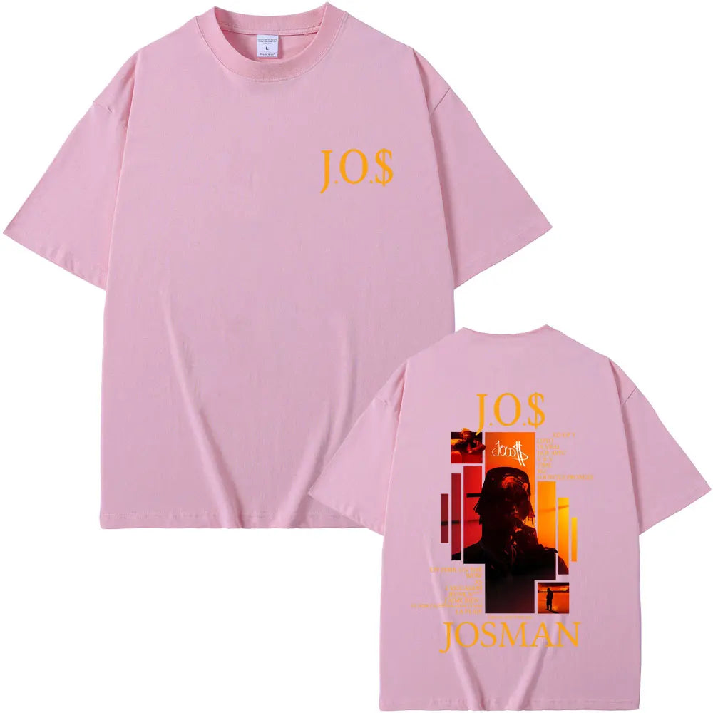A soft pink oversized cotton t shirt with bold yellow jos logo on front and graphic print on back for hip hop fashion