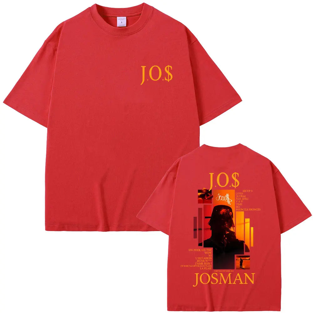 Red short-sleeved casual cotton vintage t-shirt with josman album graphic and women hip hop streetwear design on back