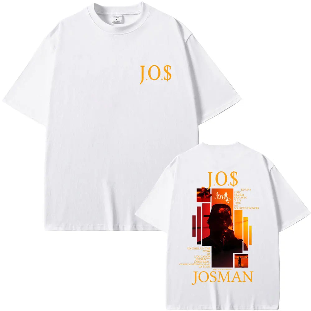 White casual cotton vintage t-shirt with bold orange jos dollar logo front and album graphic back for women hip hop fans