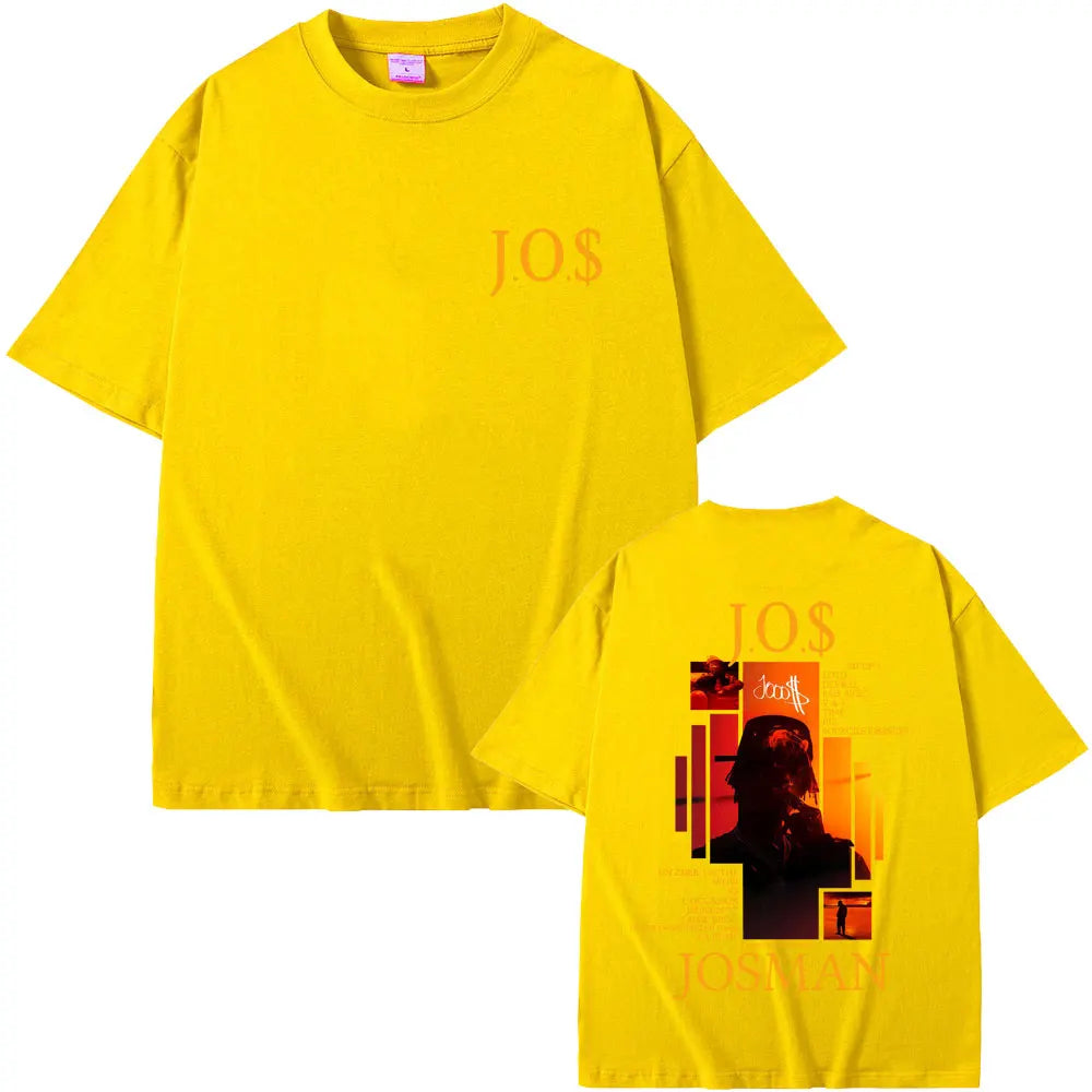 Bright yellow oversized cotton t-shirt featuring rapper josman jos graphic print and text on front and back