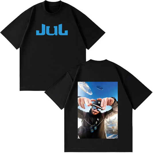 Black cotton short-sleeved rapper jul fashion t-shirt with blue logo front and photographic print on back side