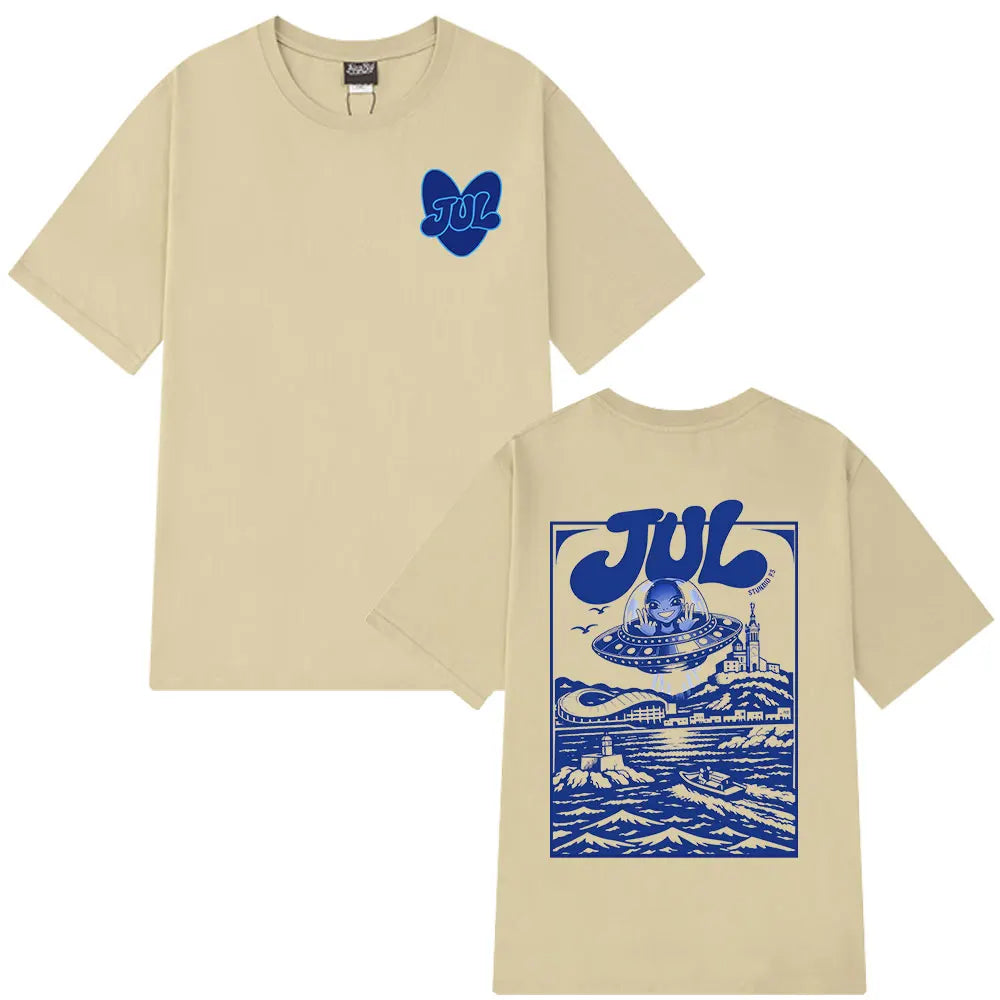 Beige casual cotton short sleeve t-shirt with rapper jul graphic heart logo front and alien ufo coastal print back hip hop y2k