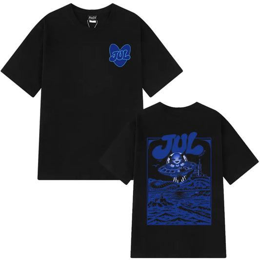 Black short-sleeved casual cotton short t-shirt with blue rapper jul graphic design for hip hop y2k fashion streetwear