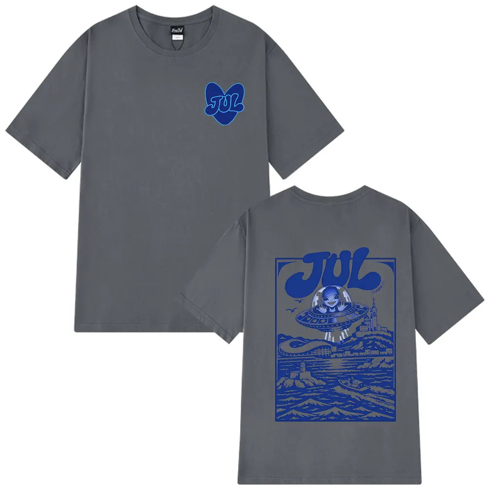 Gray casual cotton short sleeve t-shirt with rapper jul graphic and blue hip hop y2k cartoon ufo design