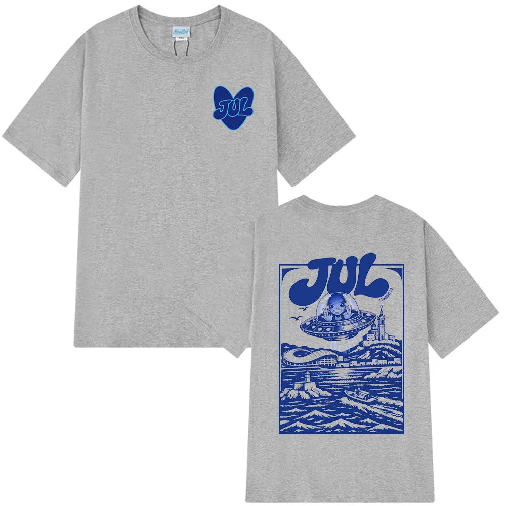 Back view of gray heathered cotton rapper jul graphic t-shirt with bold blue hip hop y2k ufo print and embroidered heart logo