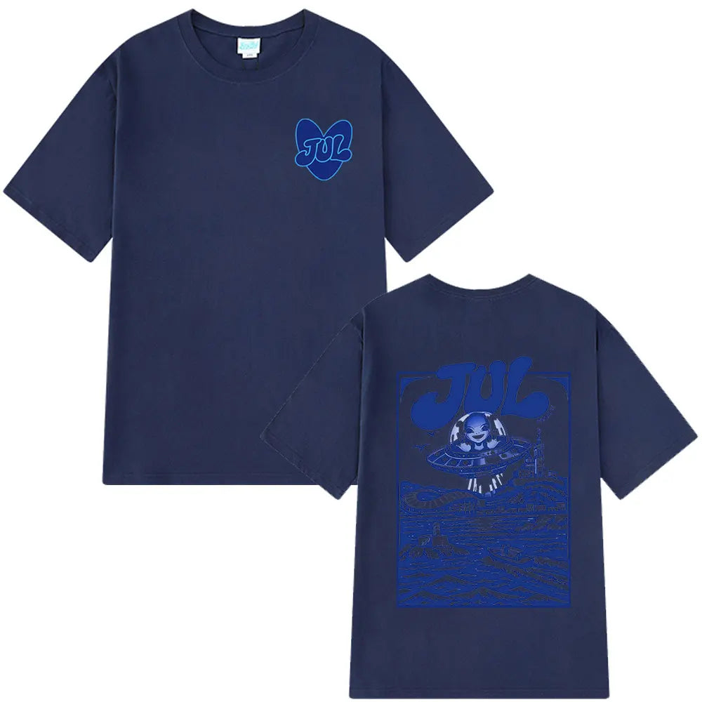 Navy blue casual cotton short sleeve t-shirt with rapper jul graphic heart logo front and ufo character back hip hop y2k style