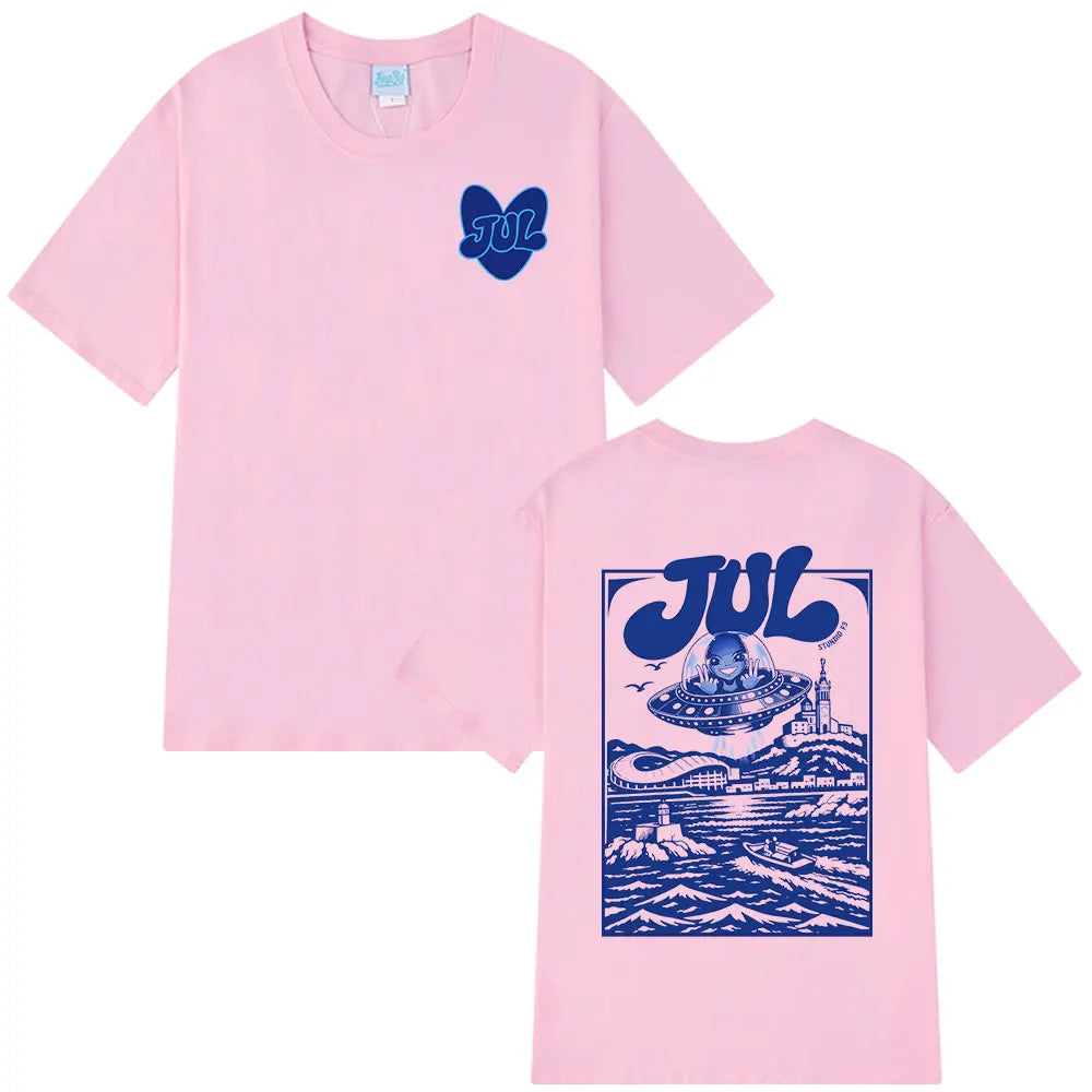 Pink casual cotton short sleeved t-shirt with navy rapper jul graphic prints hip hop y2k streetwear style