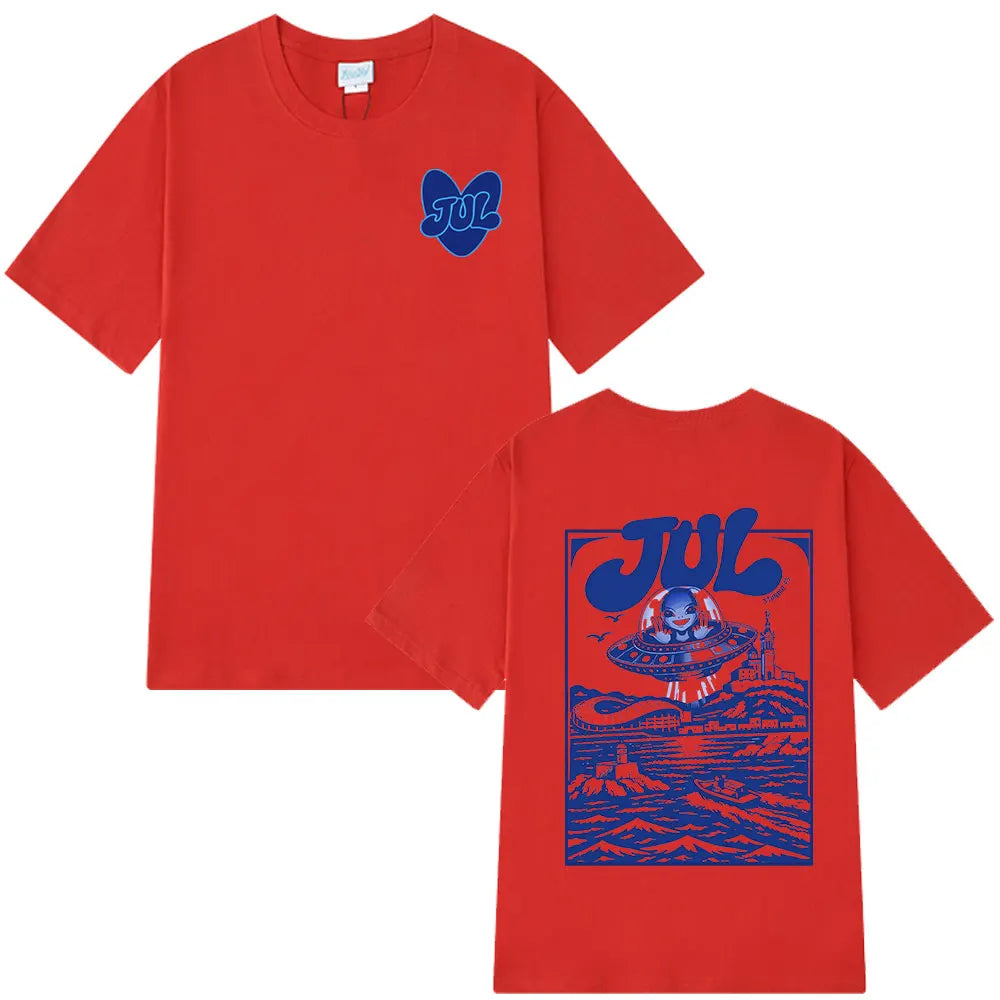 Red casual cotton short sleeve oversized t-shirt with blue rapper jul graphic on front and back hip hop y2k streetwear