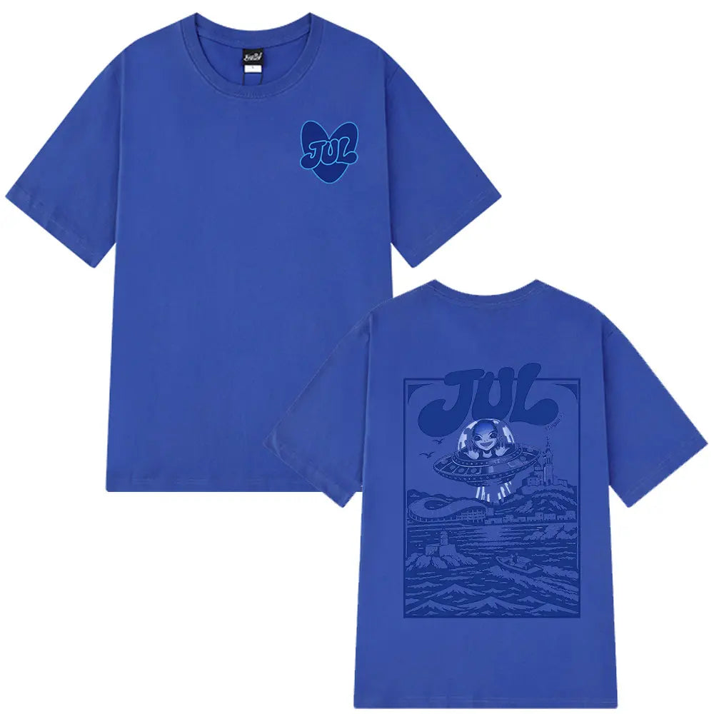Back of royal blue casual cotton short hip hop y2k rapper jul graphic t shirt featuring alien ufo illustration