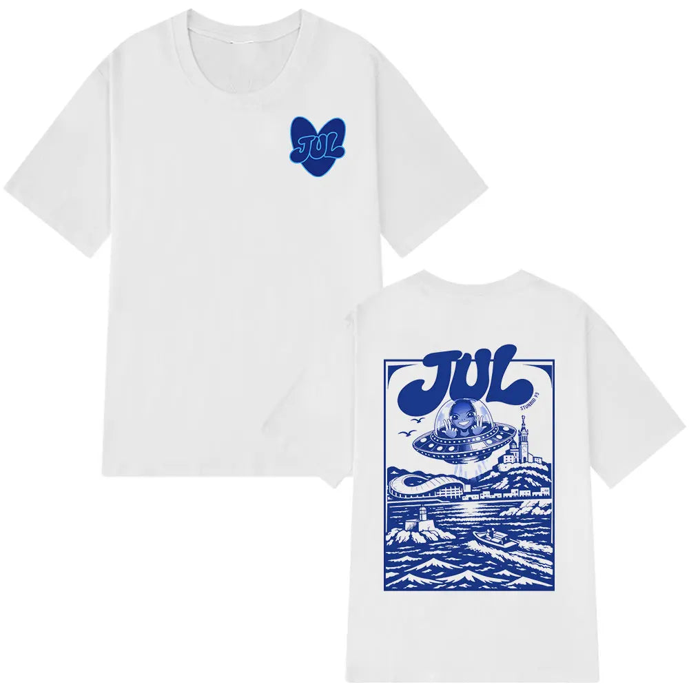 White short-sleeved cotton t-shirt with blue rapper jul graphic print front and back hip hop y2k casual cotton short