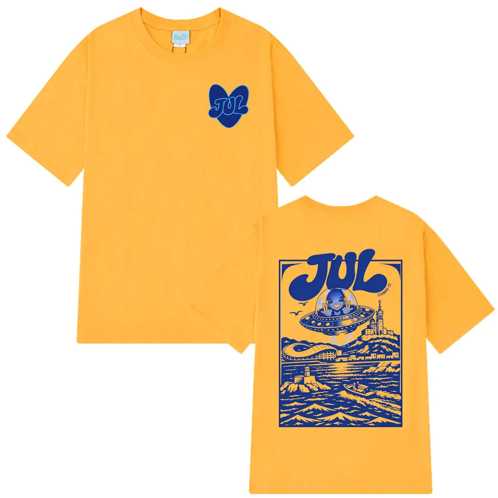 Yellow casual cotton short-sleeve t-shirt with rapper jul graphic and blue hip hop y2k ufo print for streetwear
