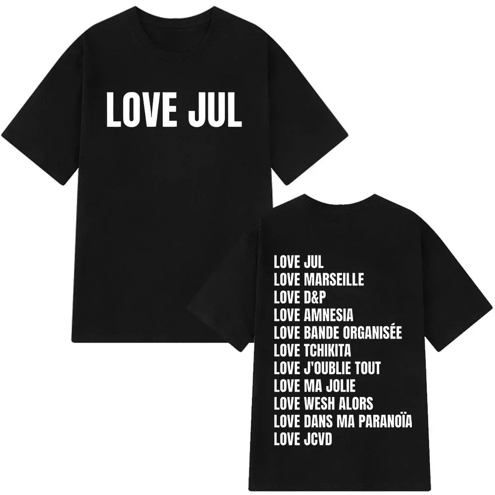 Black short-sleeved cotton aesthetic vintage t-shirt man with rapper jul graphic front text and back song titles list