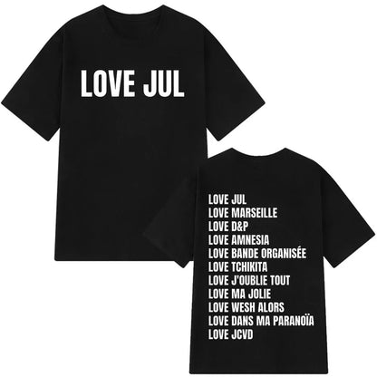 Black short-sleeved cotton aesthetic vintage t-shirt man with rapper jul graphic front text and back song titles list
