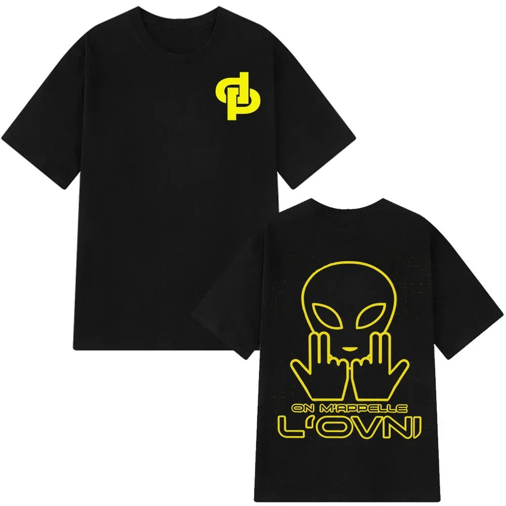 Black short-sleeved cotton aesthetic vintage t-shirt man featuring rapper jul graphic neon alien on back and logo on chest