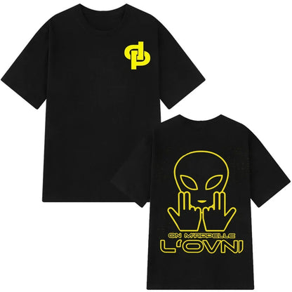 Black short-sleeved cotton aesthetic vintage t-shirt man featuring rapper jul graphic neon alien on back and logo on chest