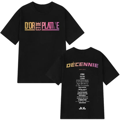 Black short-sleeved cotton aesthetic vintage t-shirt man featuring rapper jul graphic with gold to pink gradient text design