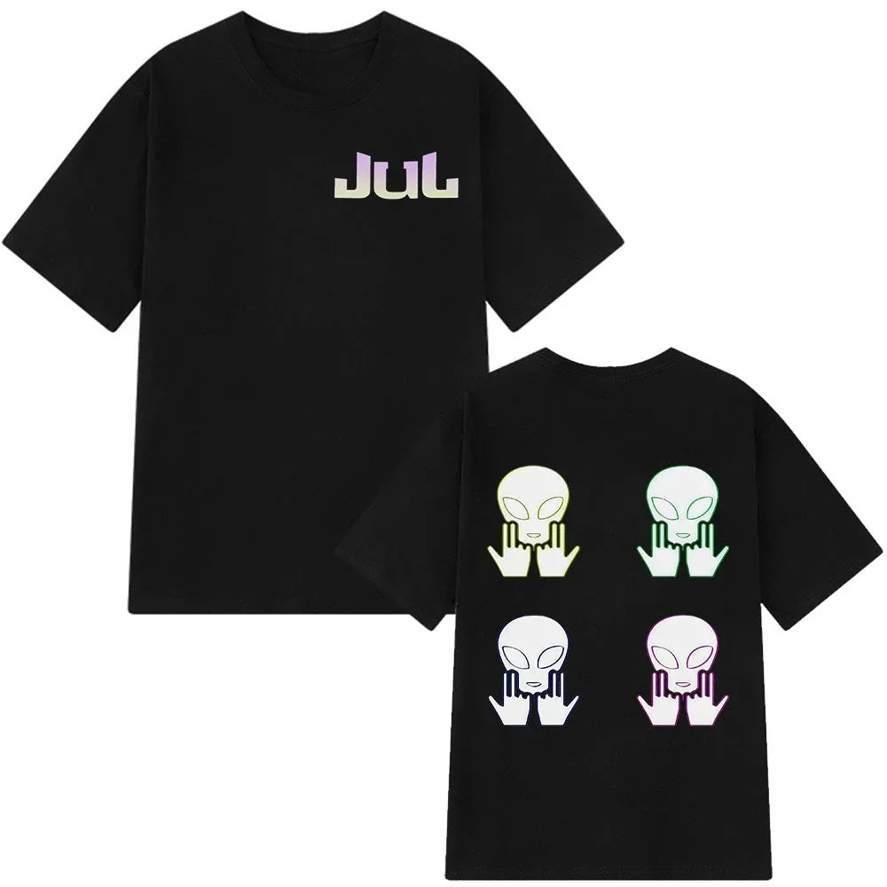 Black short-sleeved cotton aesthetic vintage t-shirt man featuring rapper jul graphic front and colorful alien print back