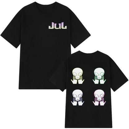 Black short-sleeved cotton aesthetic vintage t-shirt man featuring rapper jul graphic front and colorful alien print back