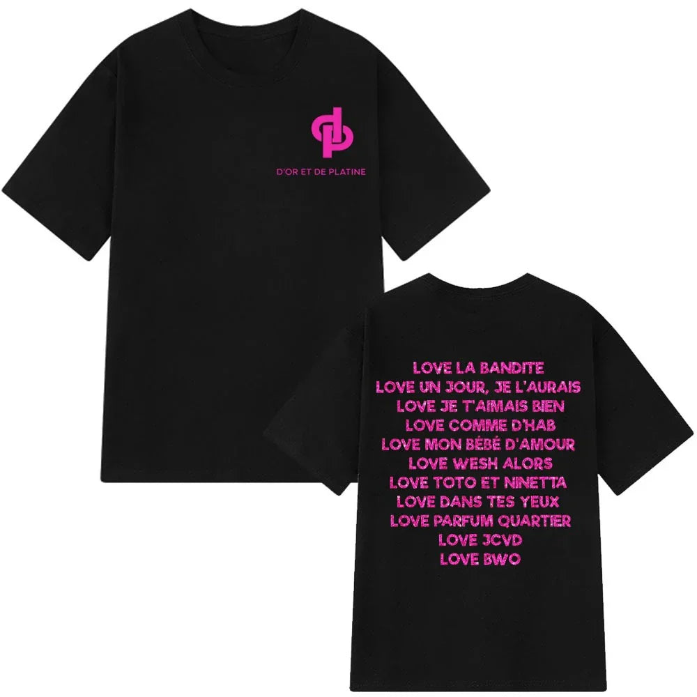Black short-sleeved cotton aesthetic vintage t-shirt man with rapper jul graphic pink logo front and song titles back