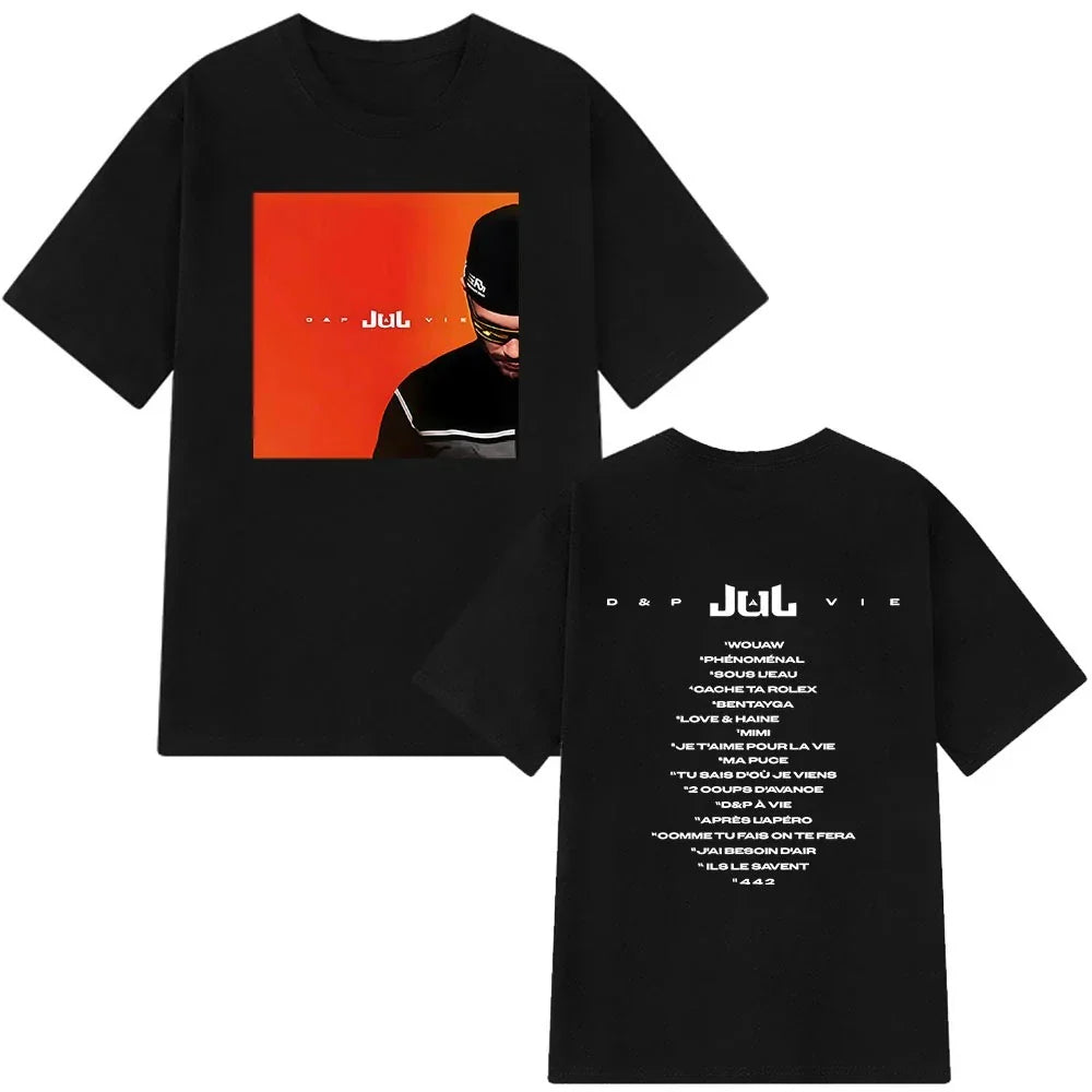 Black short-sleeved cotton aesthetic vintage t-shirt man featuring rapper jul graphic with orange background and white text