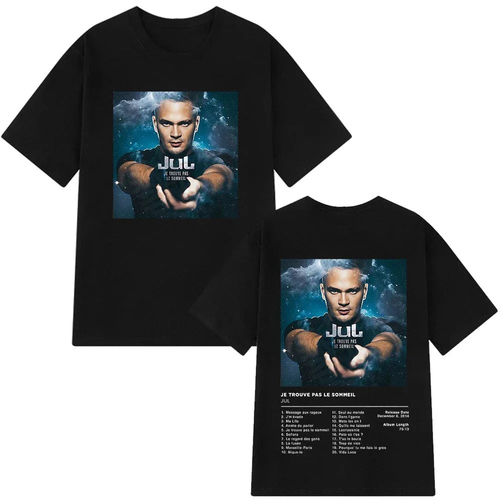 Black cotton aesthetic vintage t-shirt man featuring rapper jul graphic with album title and tracklist on the back side